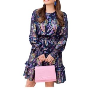 Lilly Pulitzer Dotti Silk Metallic Long Sleeve Ruffle Navy Dress Size 4.